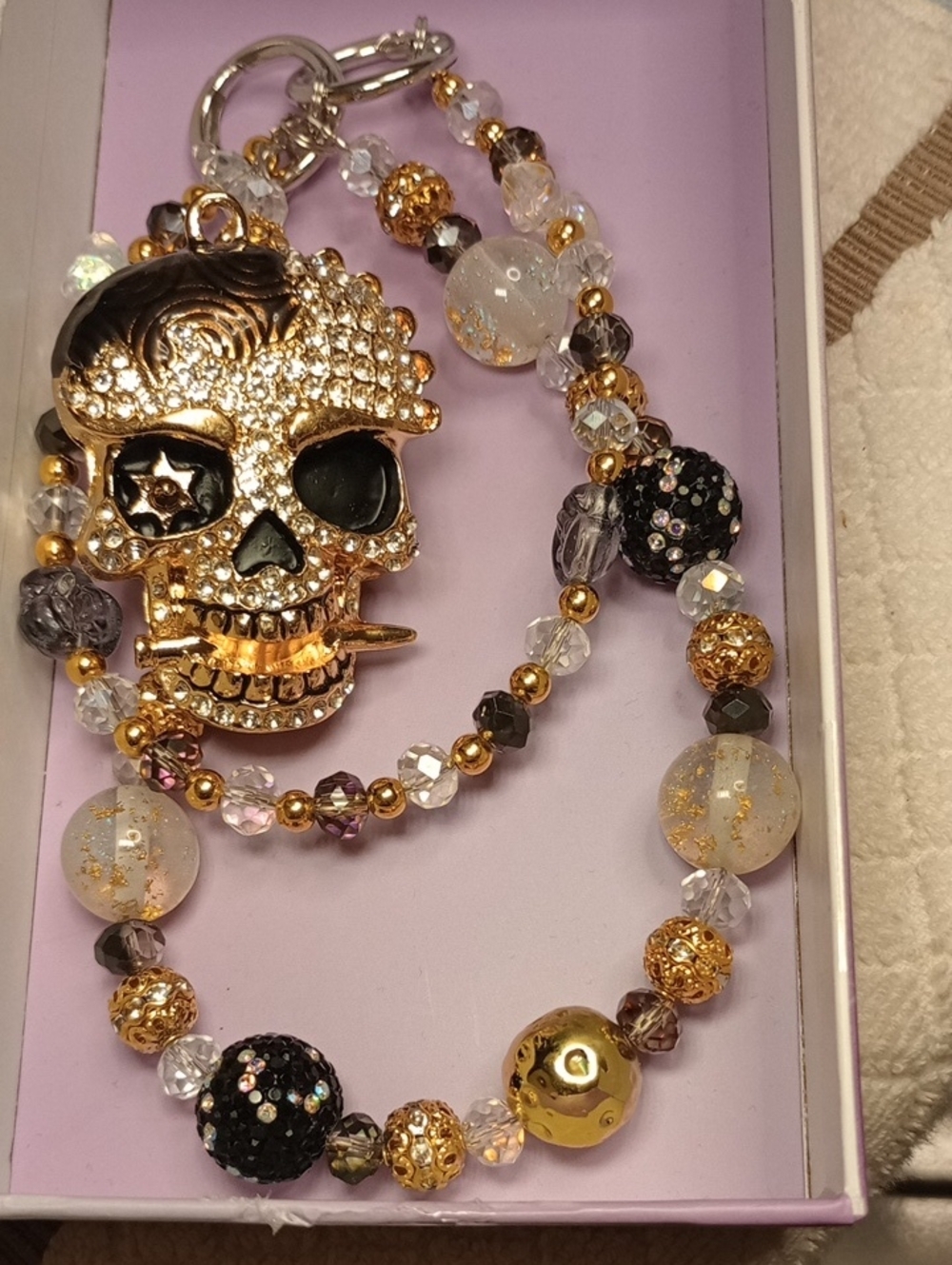 Gold & Black Crystal Skull Bag Chain / Phone Chain